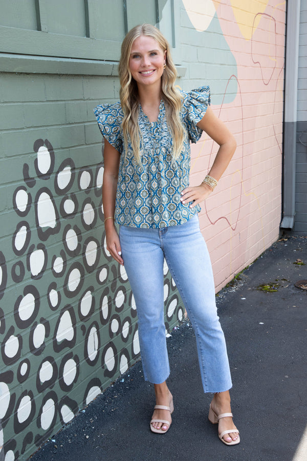 Kimberly Smocked Detail Printed Top, Blue