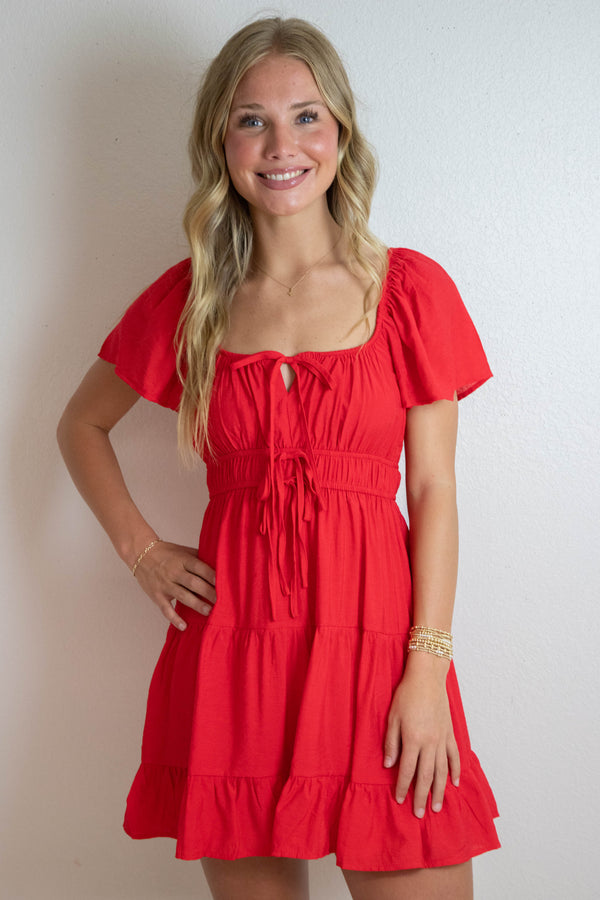 Edith Front Tie Tiered Mini Dress, Red