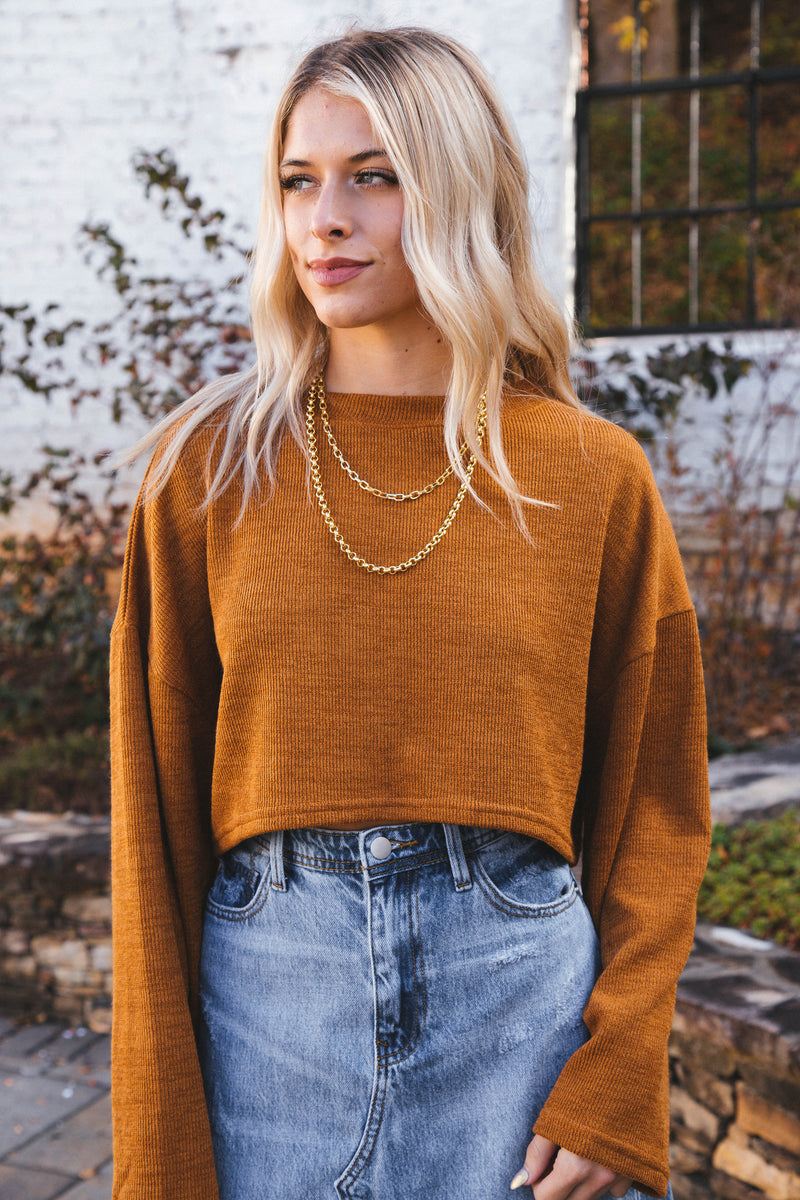 Wrenlee Long Sleeve Drop Sleeve Knit Crop Top, Camel