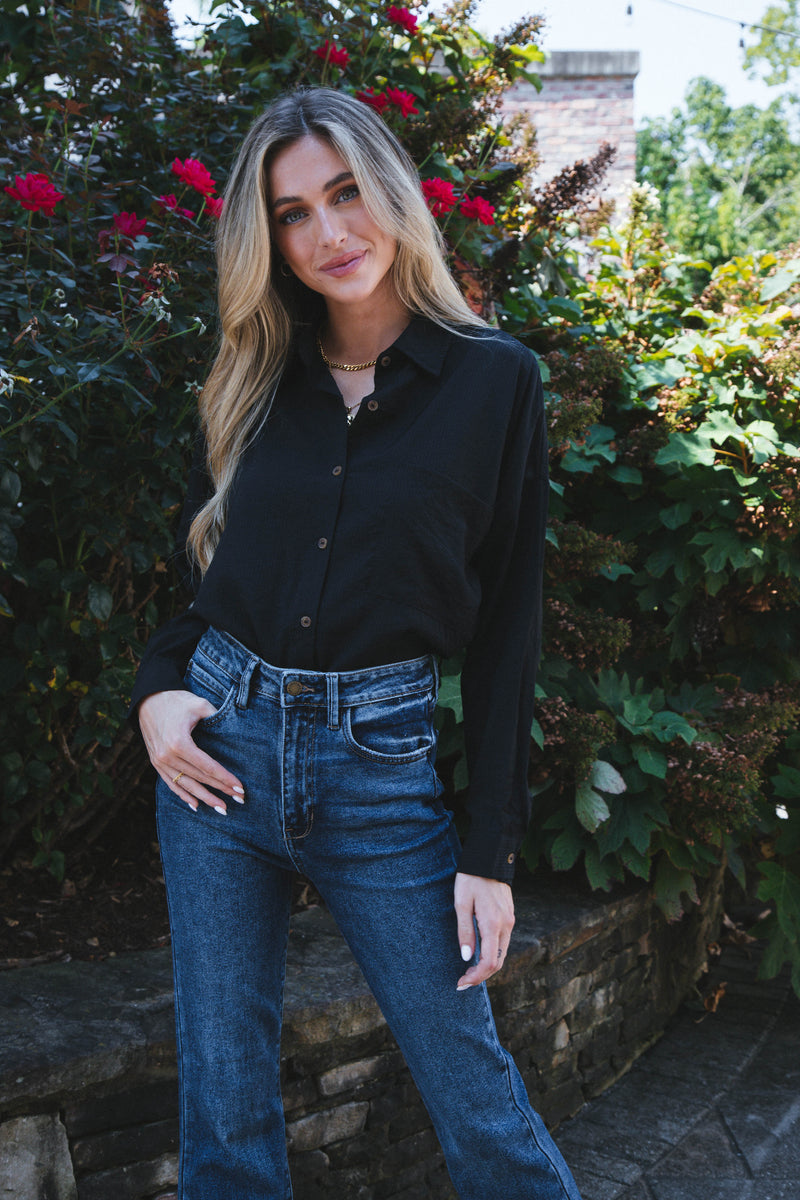 Stay Chic Button Down Shirt, Black