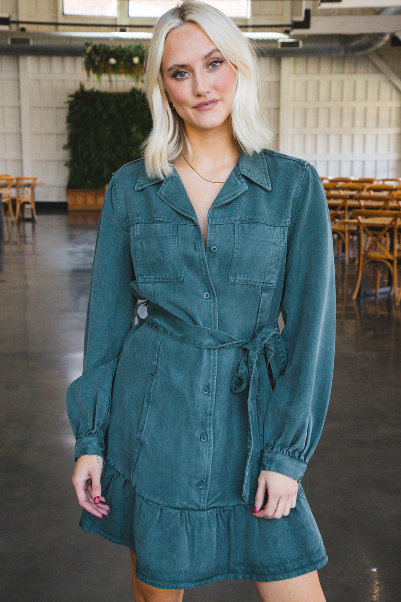 Bethenny Long Sleeve Button Up Ruffle Dress, Dark Green | Velvet Heart