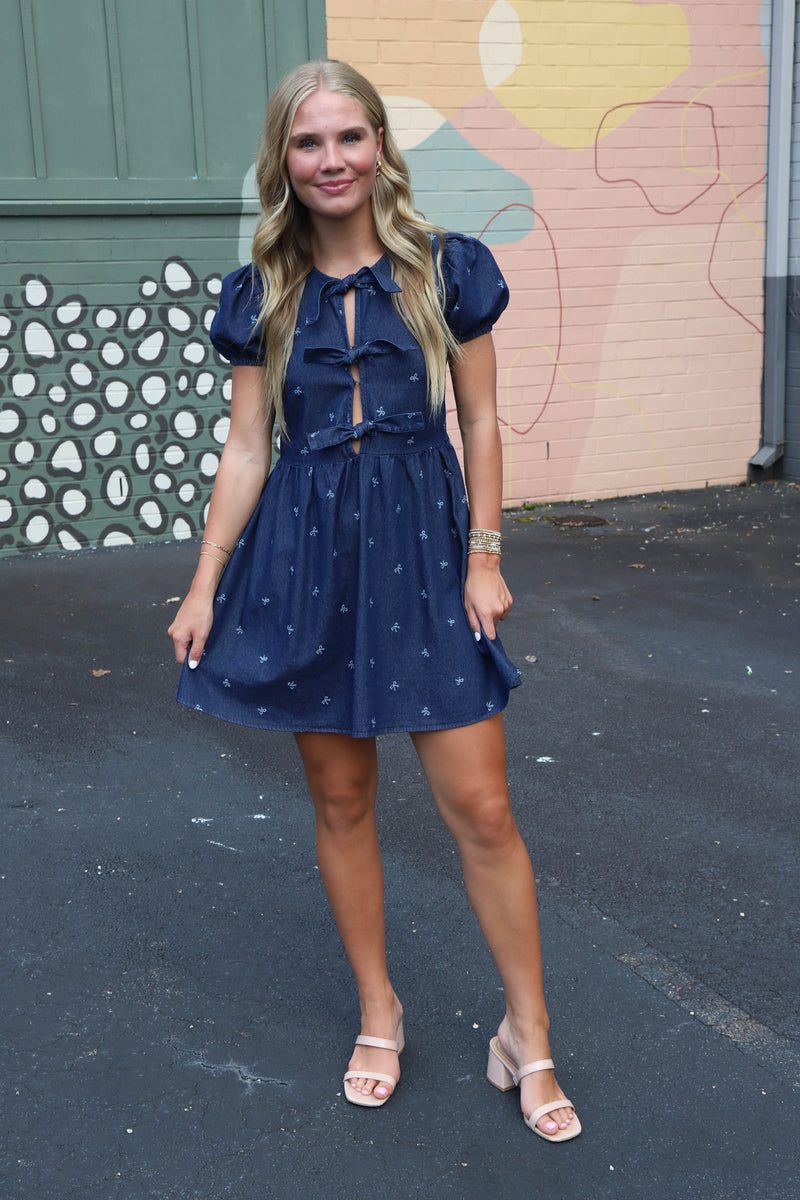 Briella Bow Pattern Front Tie Dress, Denim