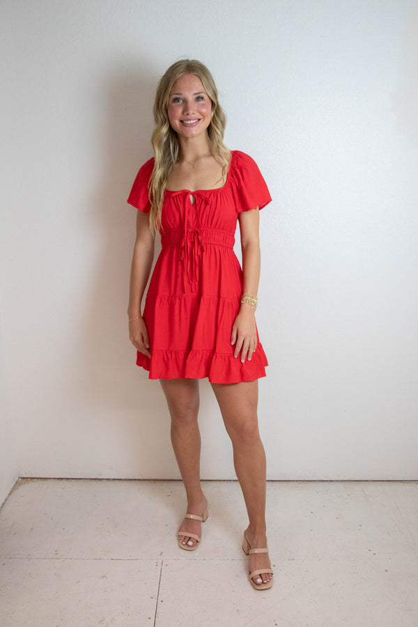 Edith Front Tie Tiered Mini Dress, Red