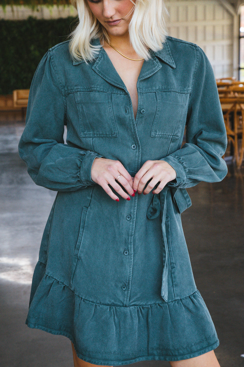 Bethenny Long Sleeve Button Up Ruffle Dress, Dark Green | Velvet Heart