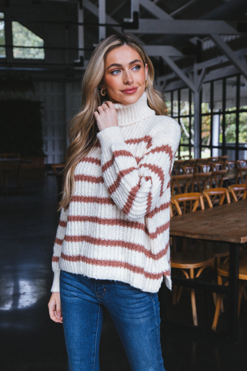 Aki Turtleneck Striped Sweater, Ivory/Camel | Sadie & Sage