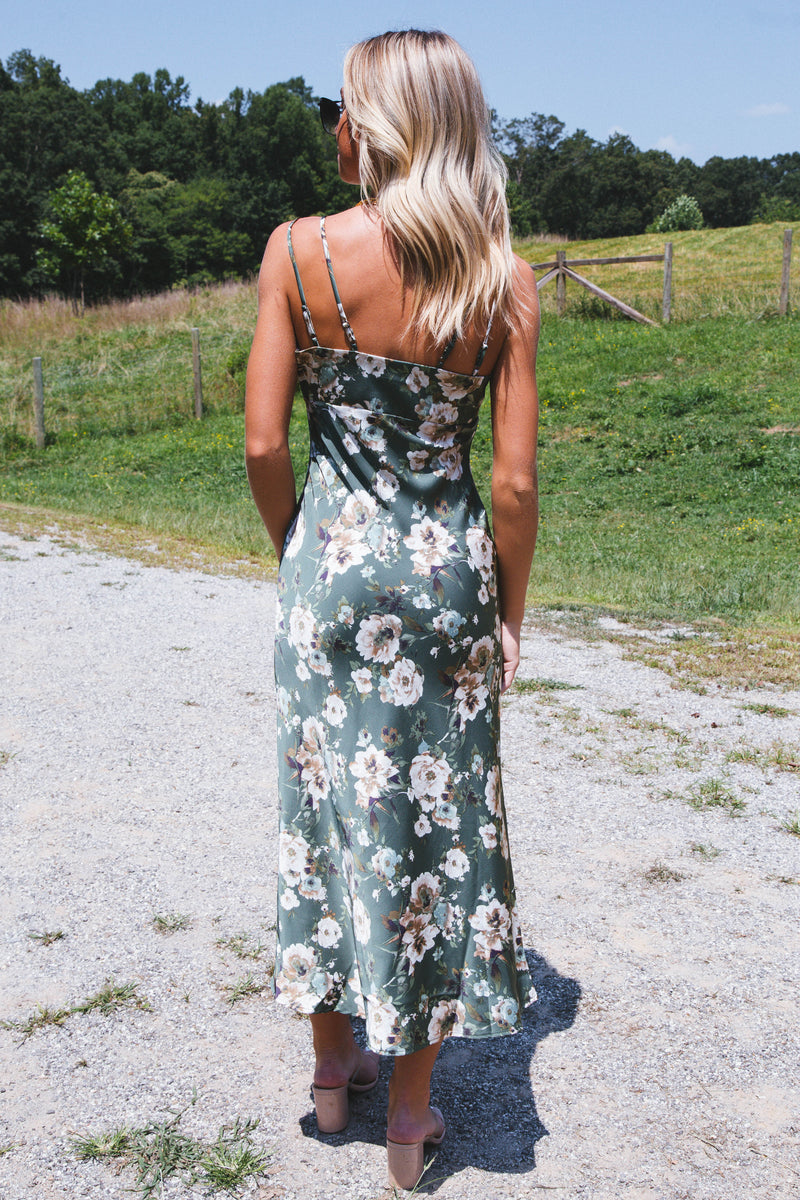 Getaway Satin Floral Midi Dress, Hunter Green Multi