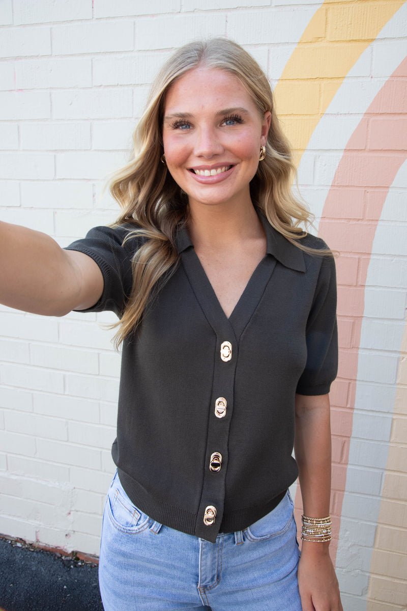 Harlow Gold Twist Lock Button Top, Dark Olive