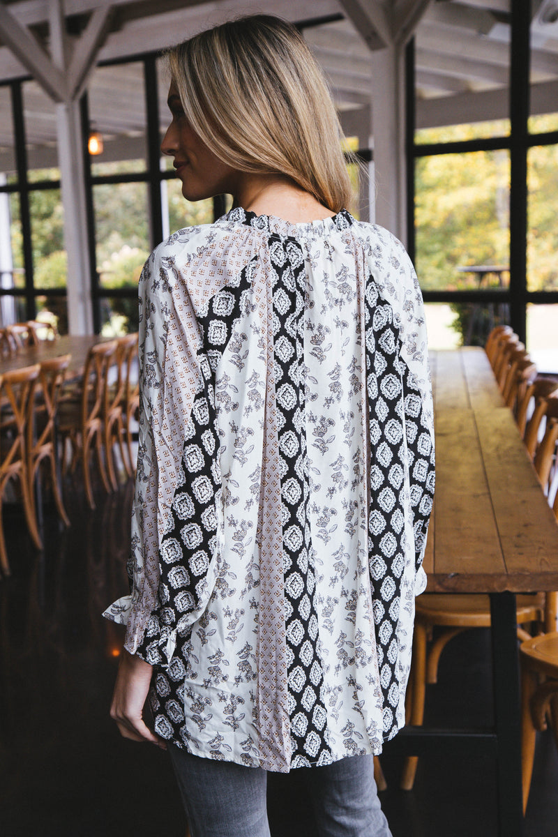 Sierra Ruffle Neck Printed Top, Black Mix