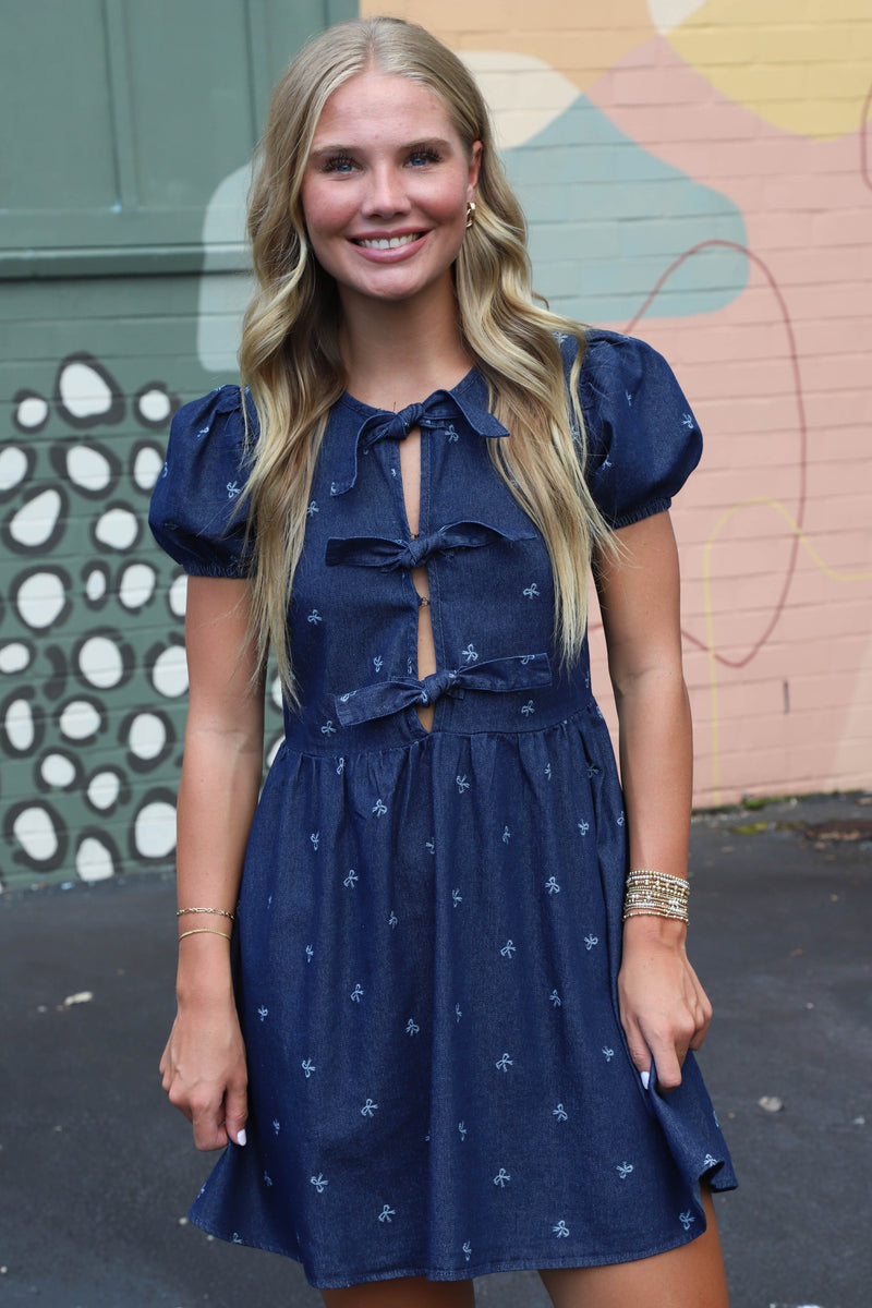 Briella Bow Pattern Front Tie Dress, Denim