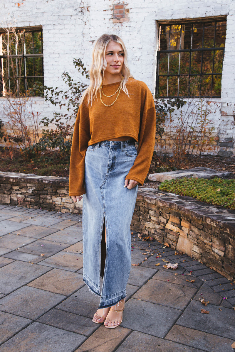 Wrenlee Long Sleeve Drop Sleeve Knit Crop Top, Camel