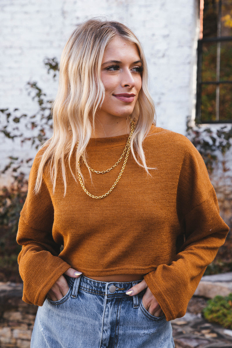 Wrenlee Long Sleeve Drop Sleeve Knit Crop Top, Camel