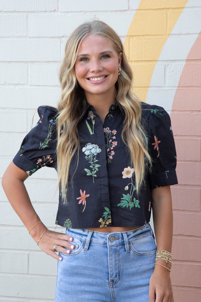 Evelyn Puff Sleeve Floral Print Top, Black