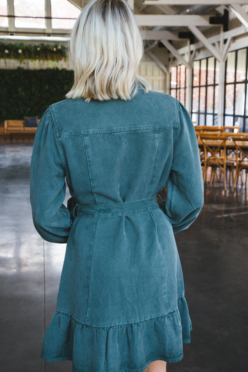 Bethenny Long Sleeve Button Up Ruffle Dress, Dark Green | Velvet Heart