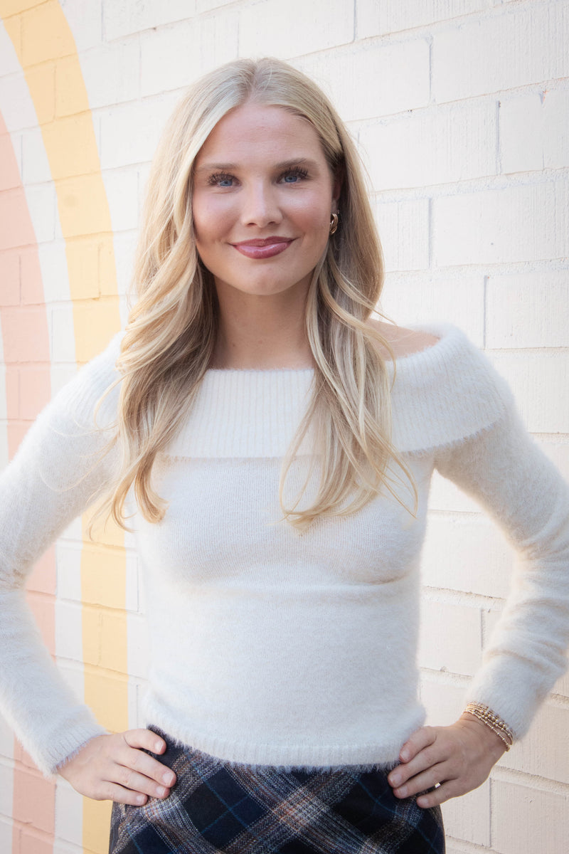 Wren Off Shoulder Fold Over Sweater, Cream