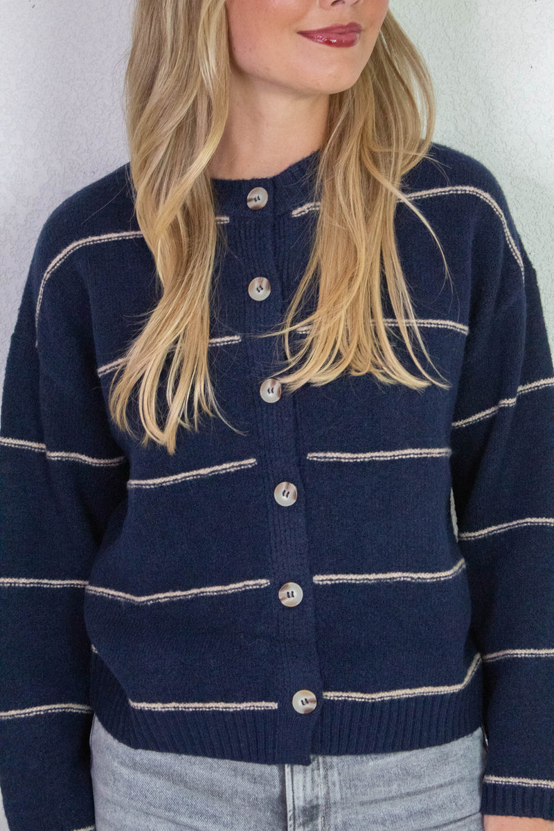 Jade Thin Stripe Button Down Cardigan, Navy