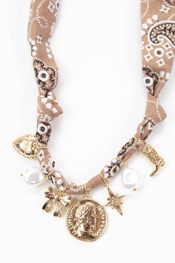 Brinley Charm Scarf Necklace, Brown