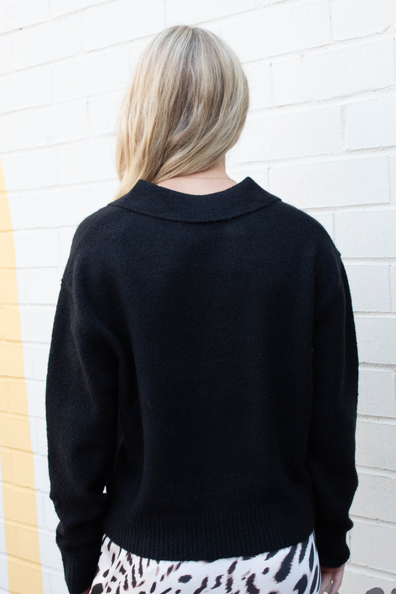 Luna Collared V-Neck Sweater, Black