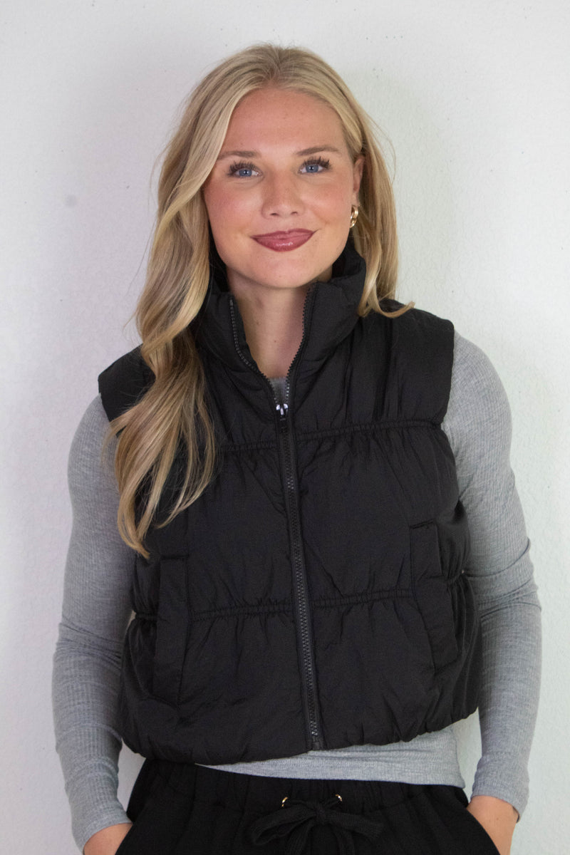 Martha Zip Up Cropped Puffer Vest, Black