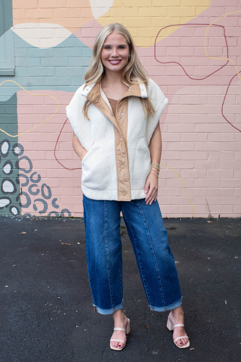 Jasmine Fleece Suede Contrast Vest, Ecru