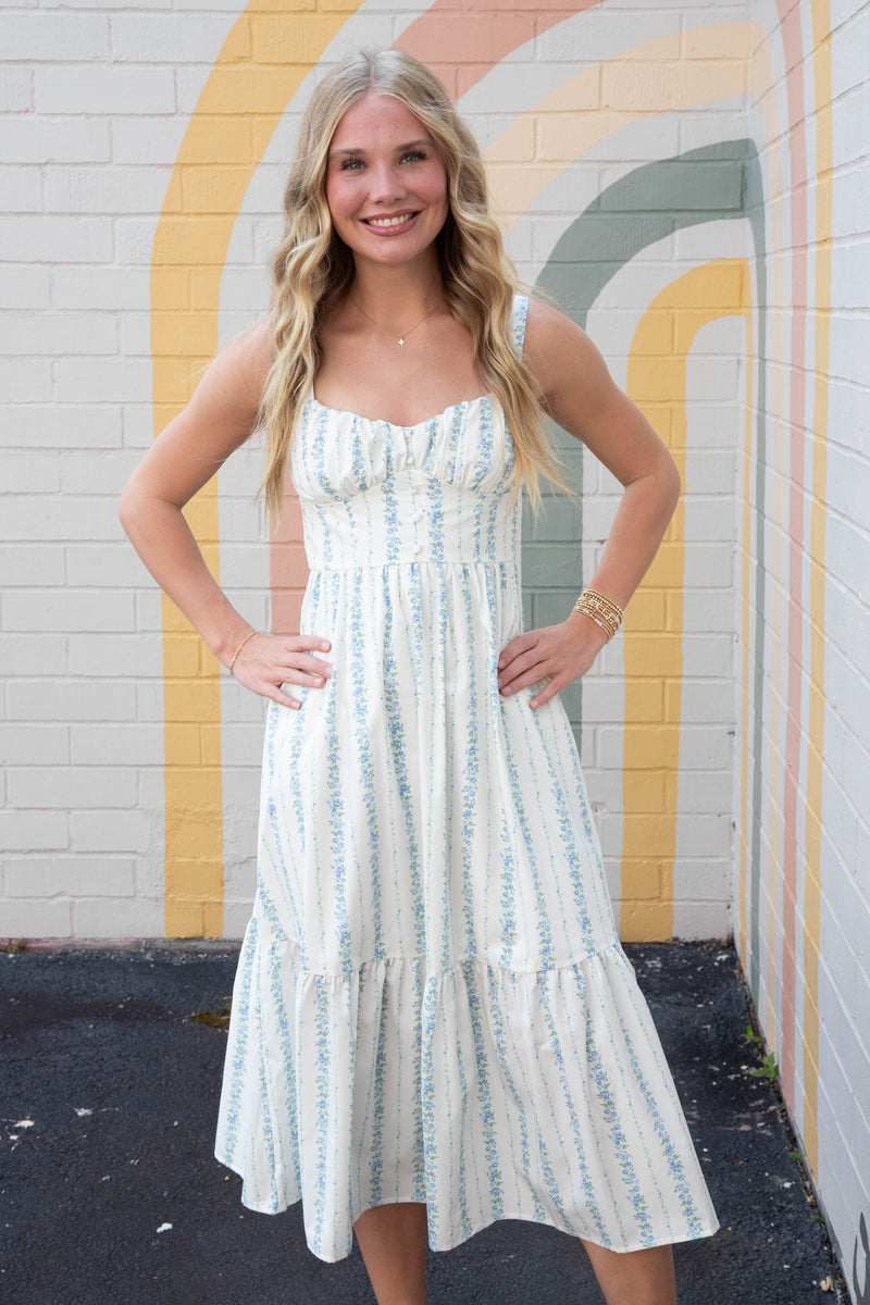 Beatrice Floral Stripe Midi Dress, Blue Multi