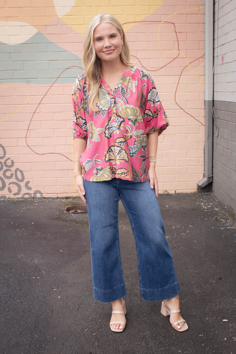 Cecilia Printed Half Sleeve Blouse, Pink