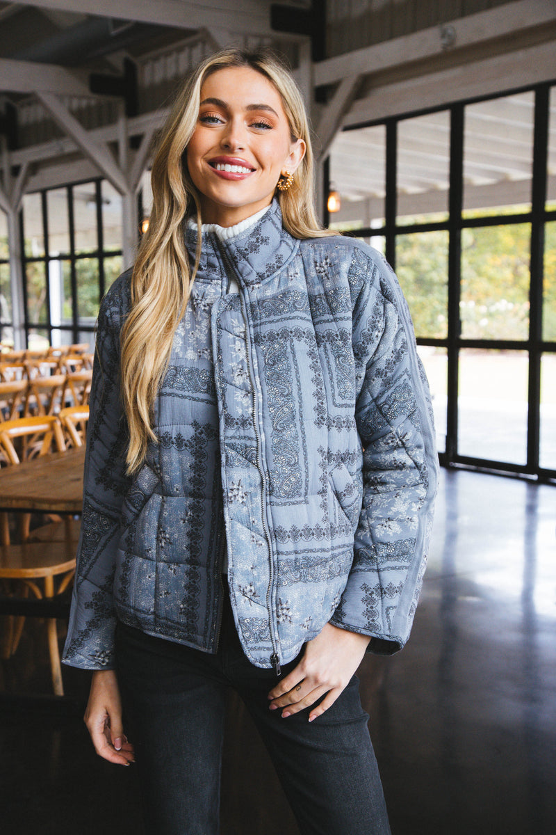 Kassidy Quilted Zip Up Jacket, Grey-Multi