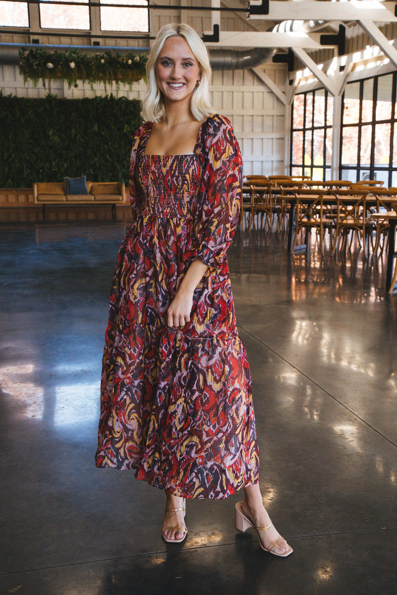 Aubree Smocked Chiffon Midi Dress, Red/Mustard