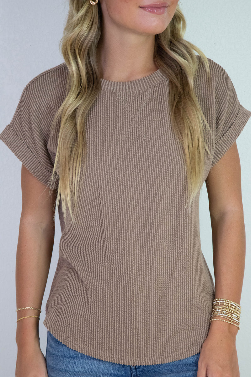Lilly Ribbed Crew Neck Top, Mocha