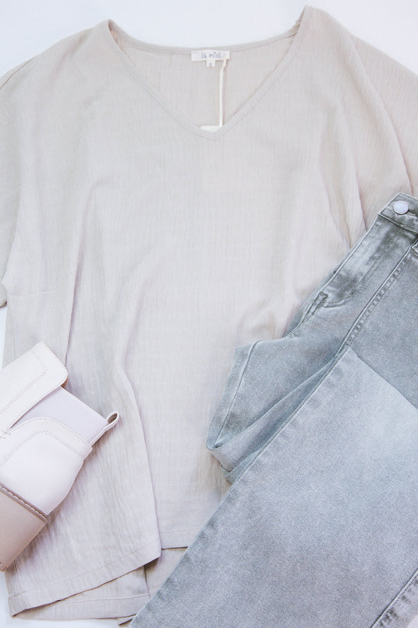 Oden V-Neck Textured Top, Taupe