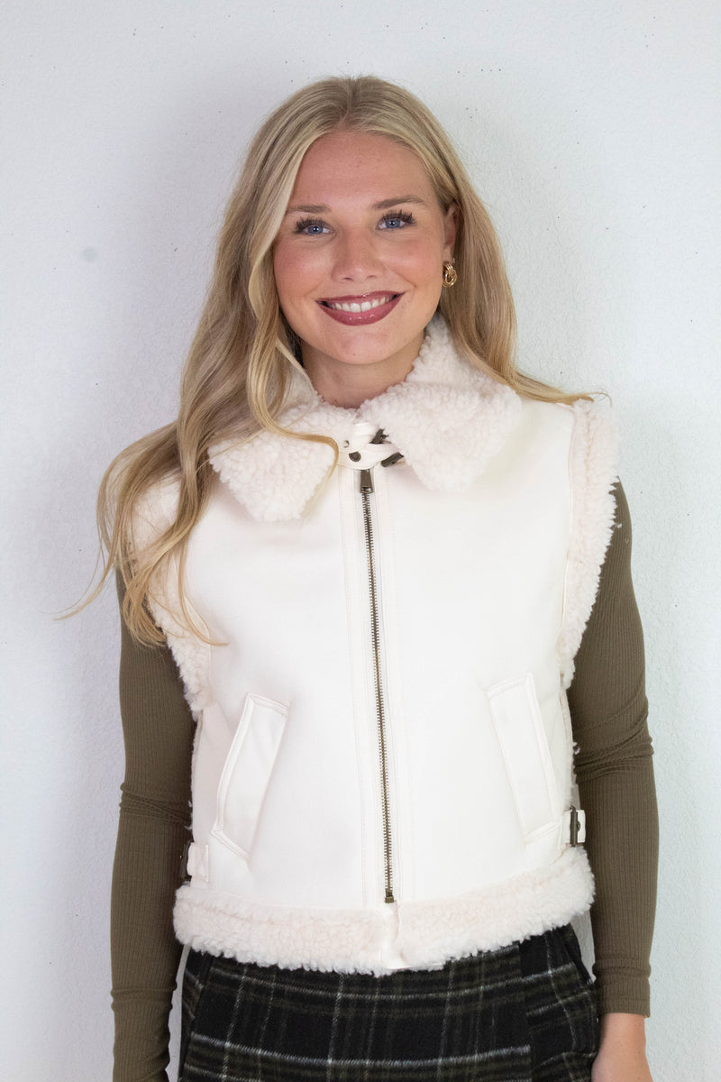 Claire Faux Leather Sherpa Lined Vest, Ivory
