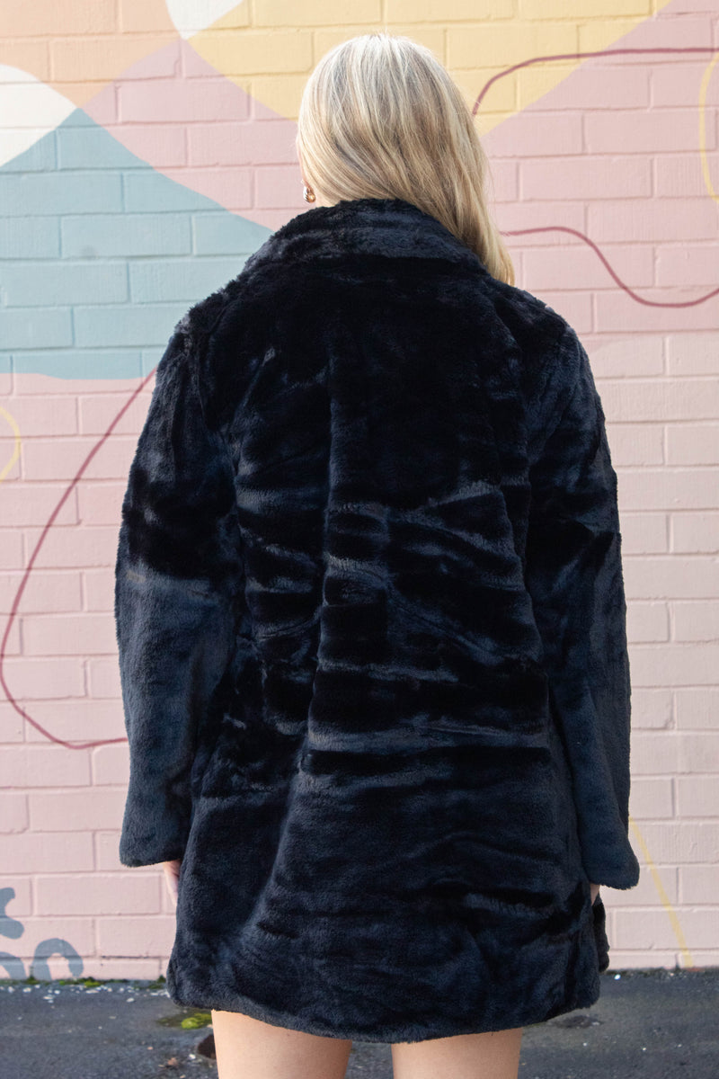 Ayla Faux Fur Collared Long Coat, Black
