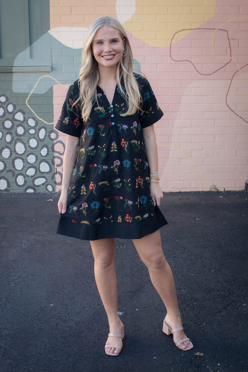Abigail Floral Embroidered Dress, Black