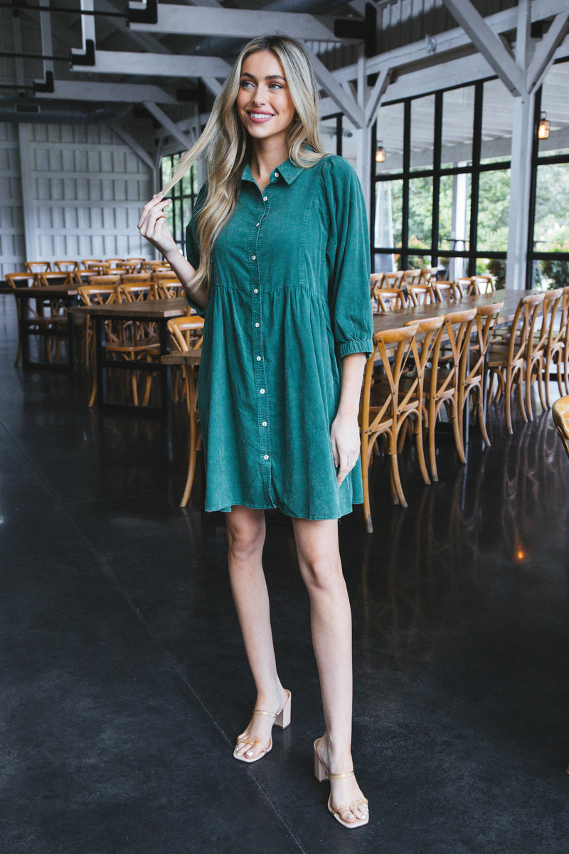 Lassen Corduroy Button Up Dress, Evergreen