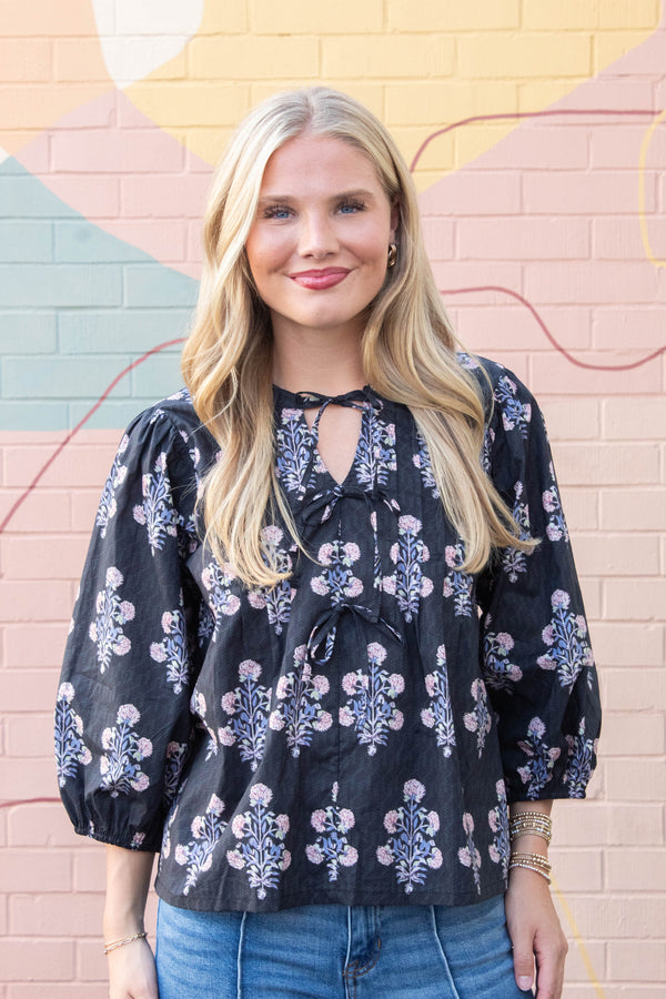 Reese Tie Neck Blouse, Black Mix