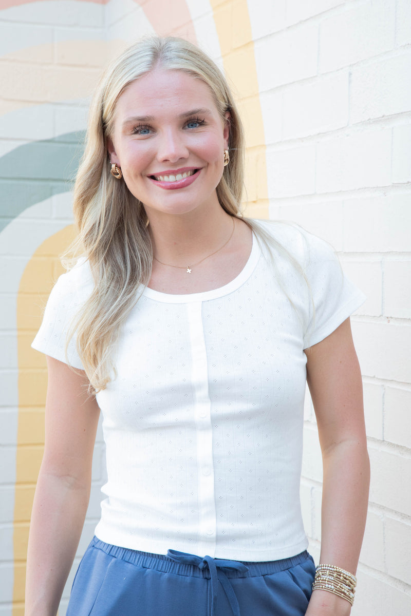 Georgia Faux Button Pointelle Top, Off White