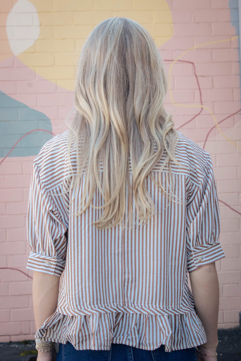 Indie Striped Ruffle Hem Button Up Top, Brown