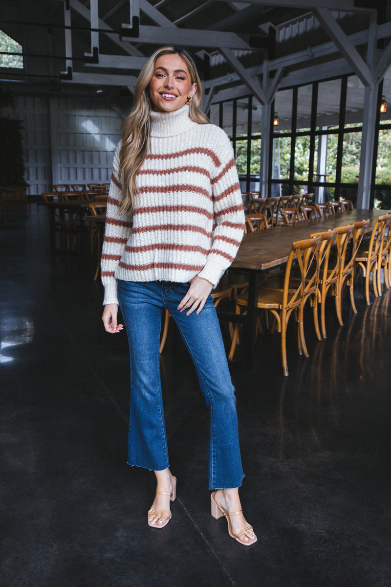 Aki Turtleneck Striped Sweater, Ivory/Camel | Sadie & Sage