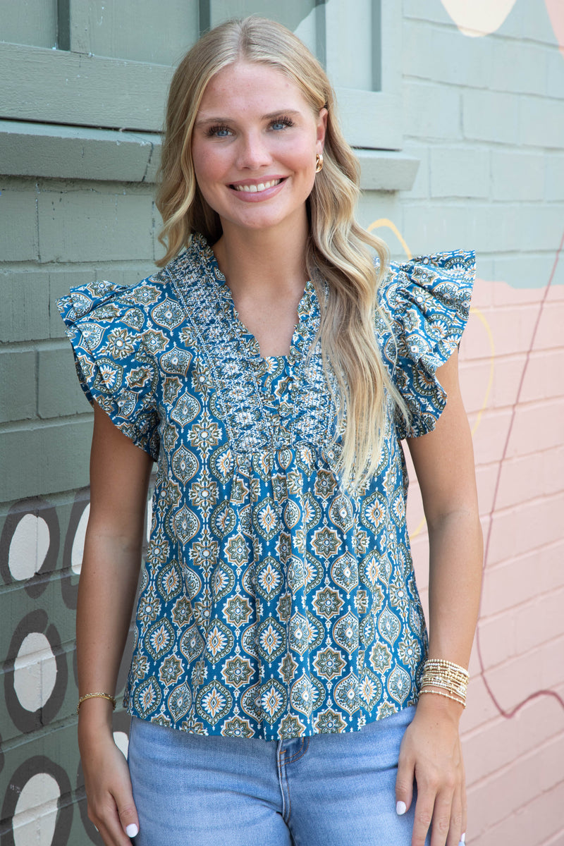 Kimberly Smocked Detail Printed Top, Blue