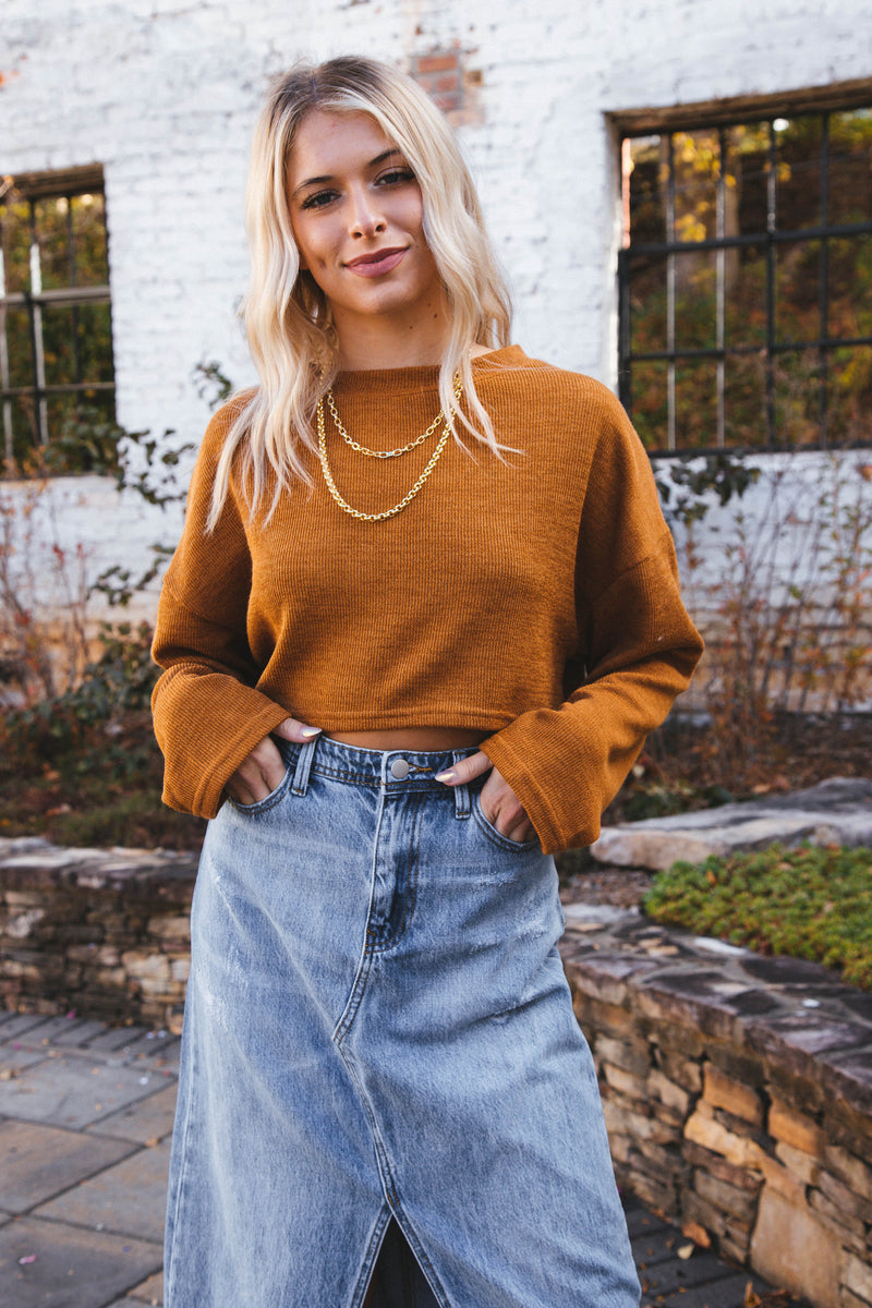 Wrenlee Long Sleeve Drop Sleeve Knit Crop Top, Camel
