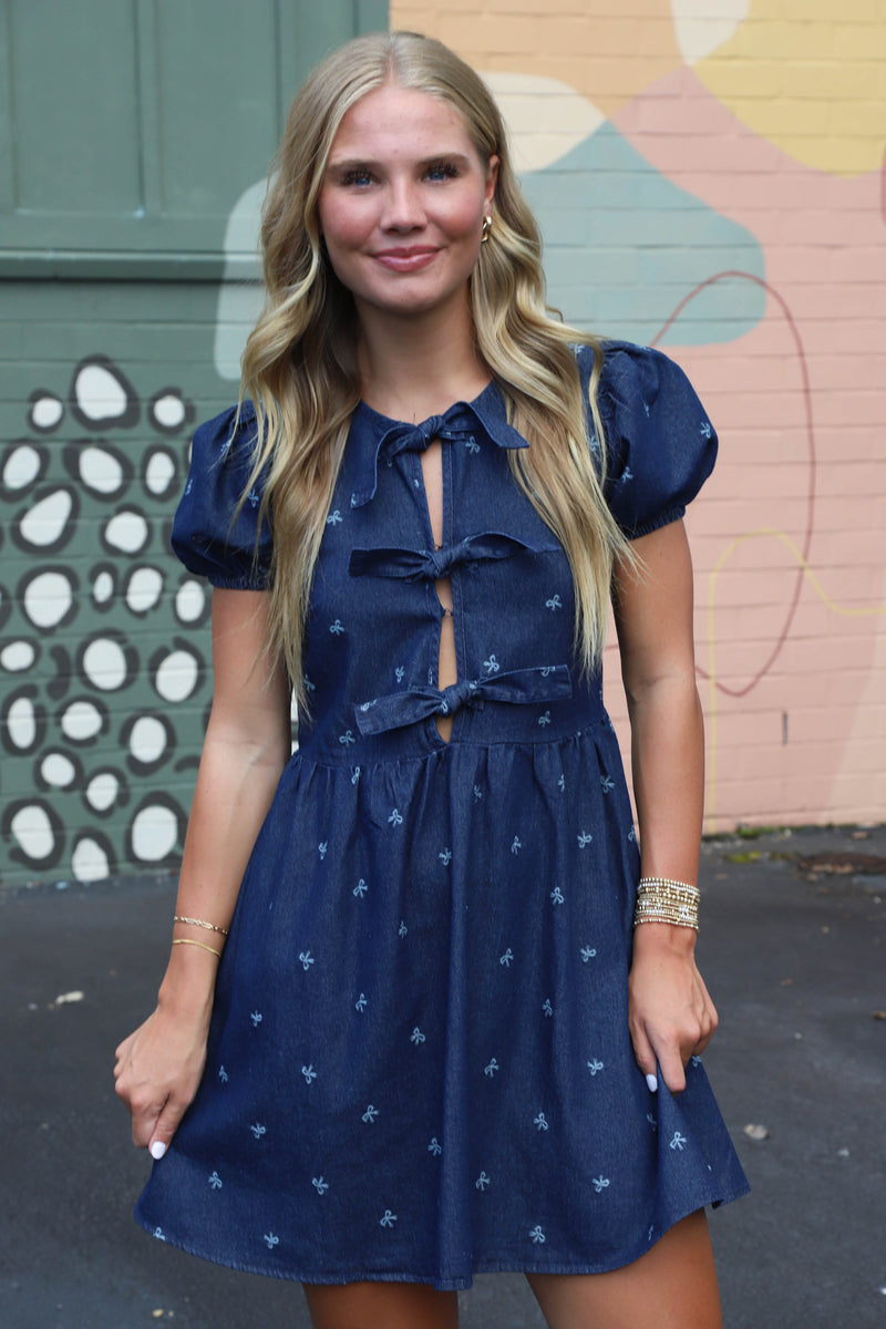 Briella Bow Pattern Front Tie Dress, Denim