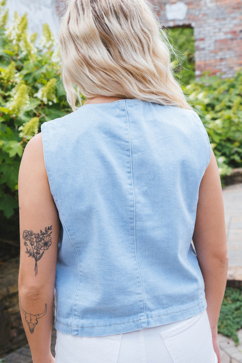 Elliana Denim Button Down Vest, Light Denim