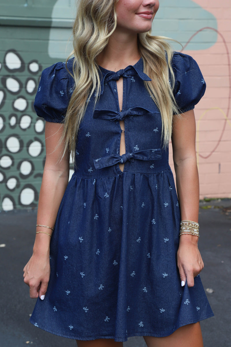 Briella Bow Pattern Front Tie Dress, Denim