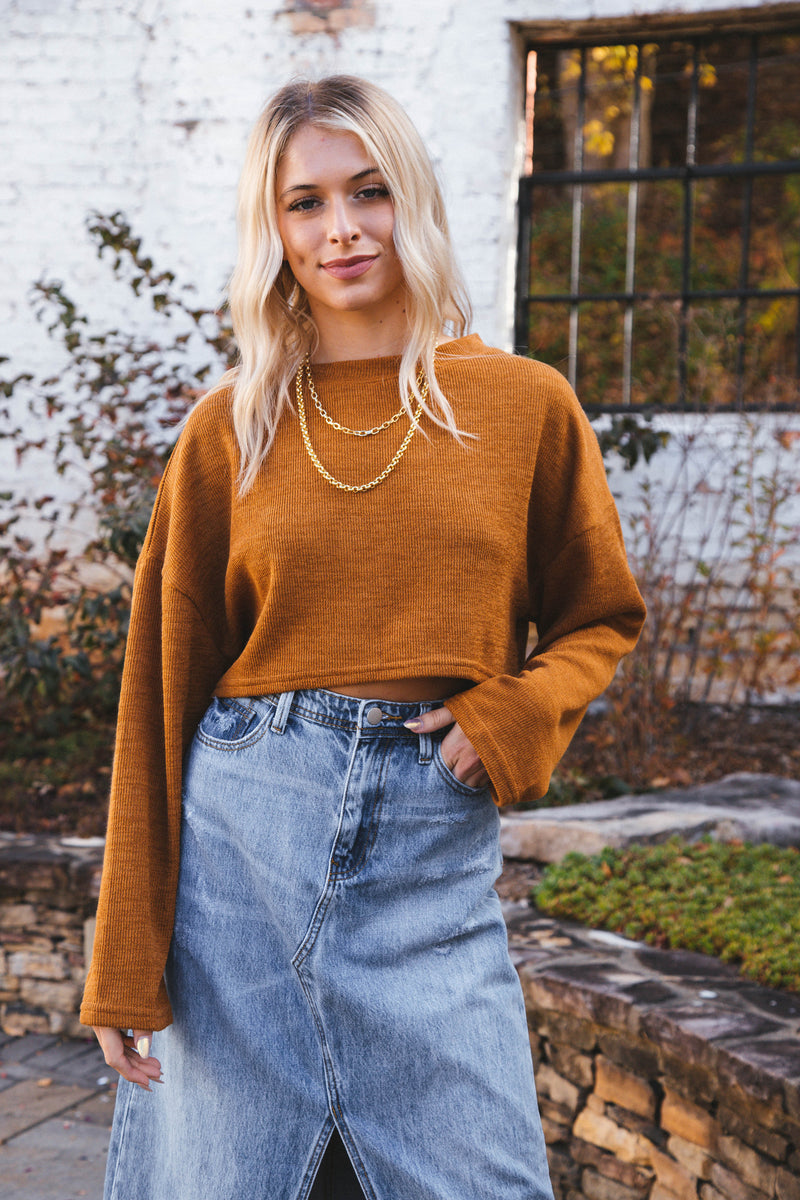 Wrenlee Long Sleeve Drop Sleeve Knit Crop Top, Camel