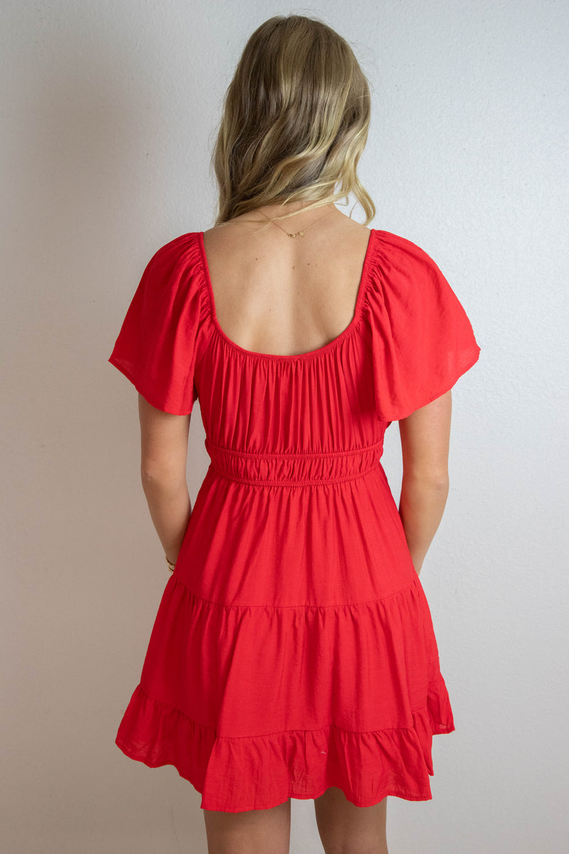 Edith Front Tie Tiered Mini Dress, Red
