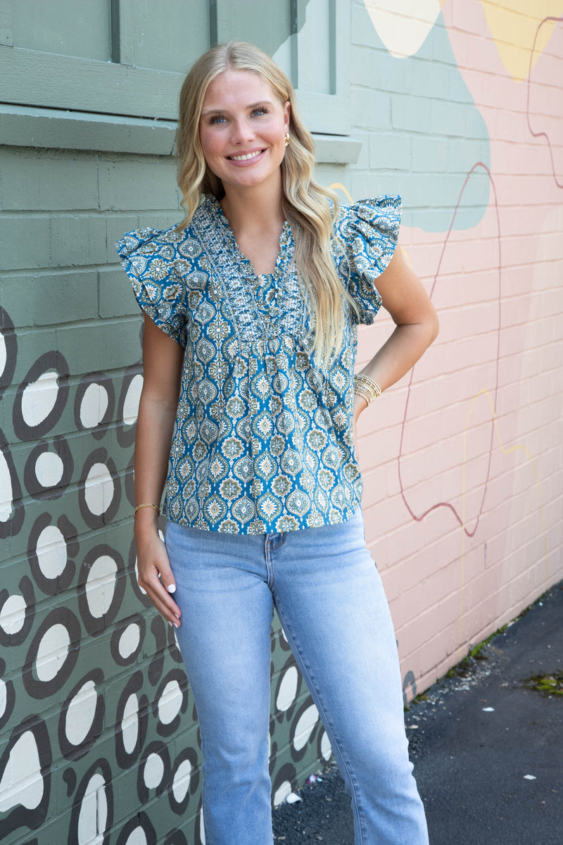 Kimberly Smocked Detail Printed Top, Blue