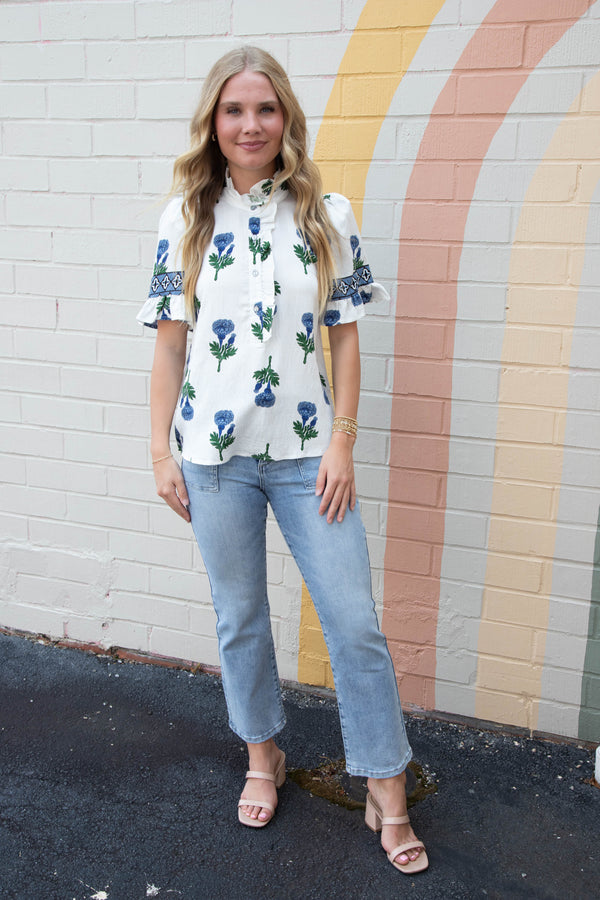 Amber Floral Ruffle Detailed Top, Blue