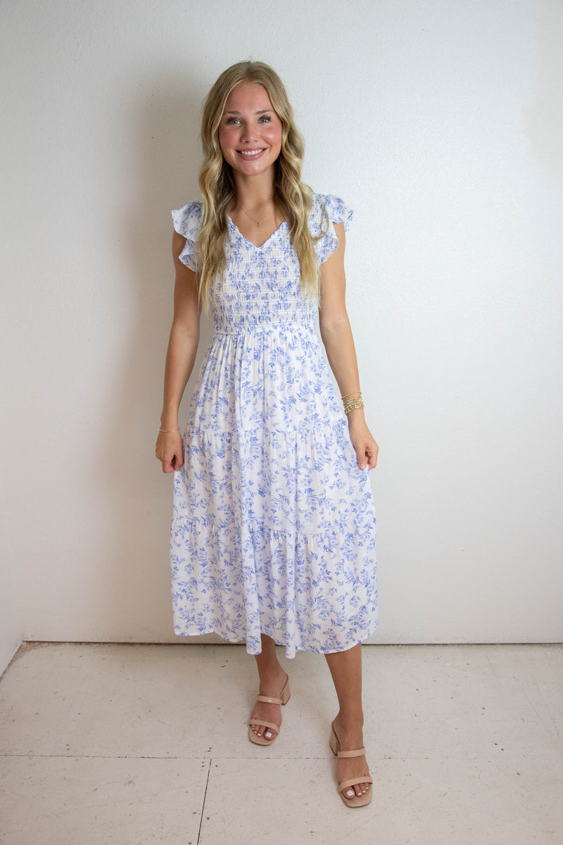 Astrid Floral V-Neck Smocked Dress, Blue Multi