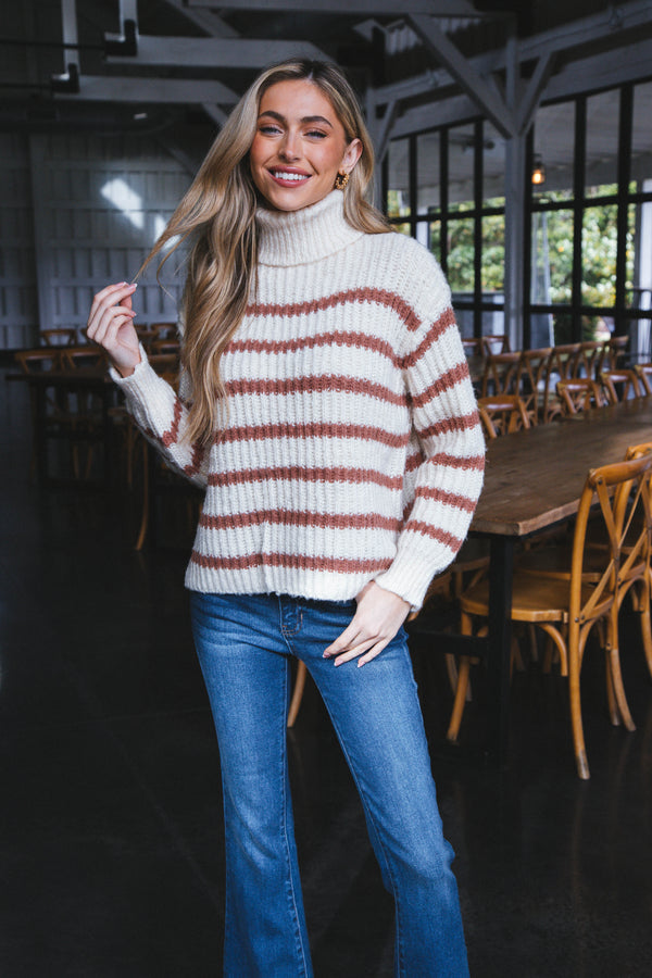 Aki Turtleneck Striped Sweater, Ivory/Camel | Sadie & Sage