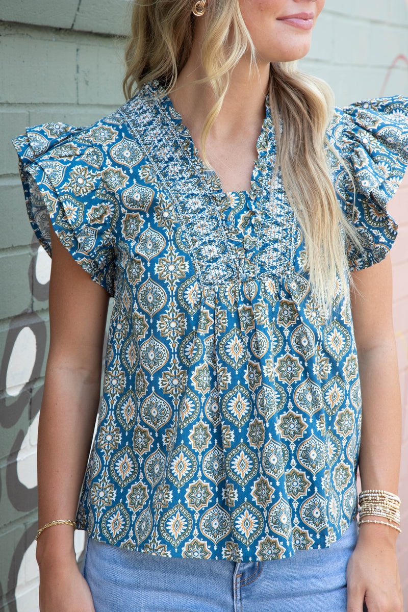 Kimberly Smocked Detail Printed Top, Blue