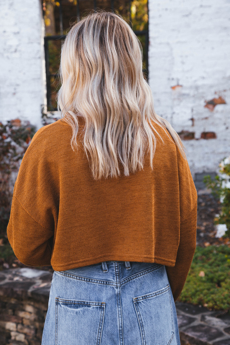 Wrenlee Long Sleeve Drop Sleeve Knit Crop Top, Camel